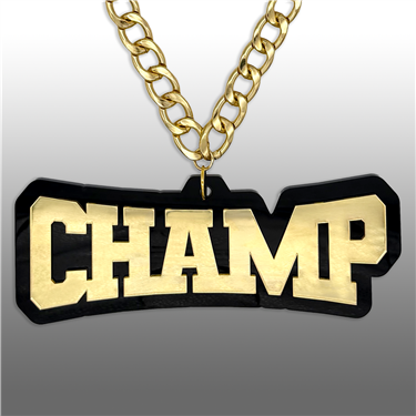 CHAMP Victory Chain oversized championship medallion award necklace with mirrored gold acrylic face and gold plated chain