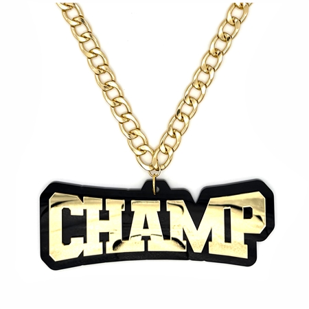 CHAMP Victory Chain oversized championship medallion award necklace with mirrored gold acrylic face and gold plated chain