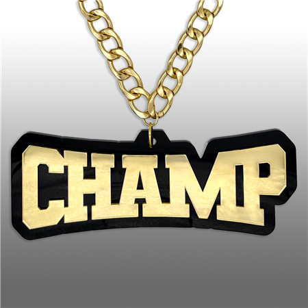 CHAMP Victory Chain oversized championship medallion award necklace with mirrored gold acrylic face and gold plated chain