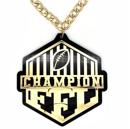 CHAMPION FFL Victory Chain oversized championship medallion award necklace with mirrored gold acrylic face and gold plated chain