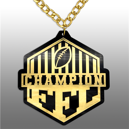 CHAMPION FFL Victory Chain oversized championship medallion award necklace with mirrored gold acrylic face and gold plated chain