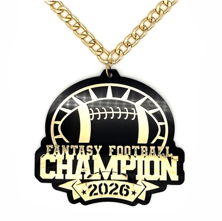 FANTASY FOOTBALL CHAMPION  Victory Chain oversized championship medallion award necklace with mirrored gold acrylic face and gold plated chain