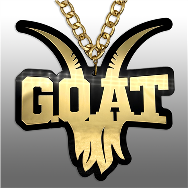 GOAT Victory Chain oversized championship medallion award necklace with mirrored gold acrylic face and gold plated chain