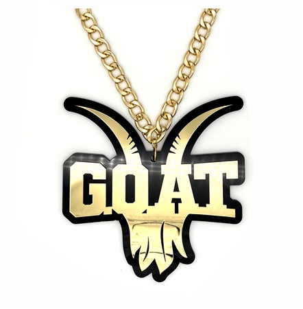 GOAT Victory Chain oversized championship medallion award necklace with mirrored gold acrylic face and gold plated chain
