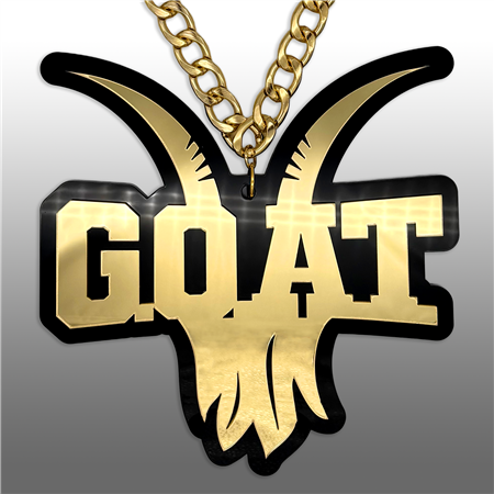 GOAT Victory Chain oversized championship medallion award necklace with mirrored gold acrylic face and gold plated chain
