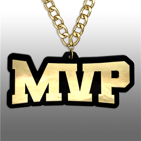 MVP Victory Chain oversized championship medallion award necklace with mirrored gold acrylic face and gold plated chain