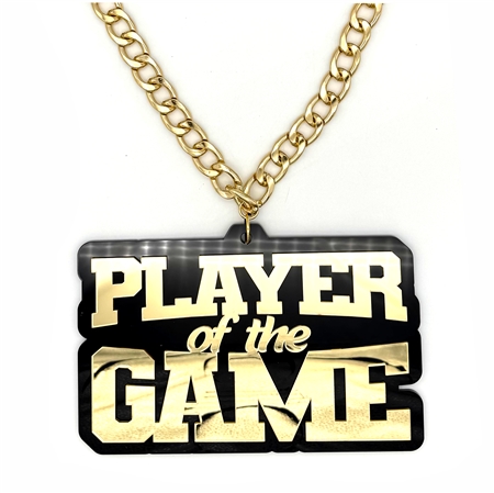 PLAYER OF THE GAME Victory Chain oversized championship medallion award necklace with mirrored gold acrylic face and gold plated chain