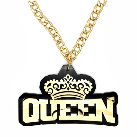 QUEEN Victory Chain oversized championship medallion award necklace with mirrored gold acrylic face and gold plated chain