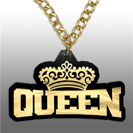 QUEEN Victory Chain oversized championship medallion award necklace with mirrored gold acrylic face and gold plated chain