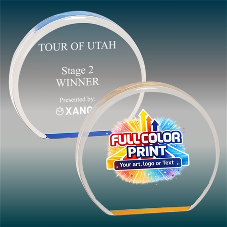 Blue or Gold Round Acrylic Award with Custom Laser Engraving and Full Color Print