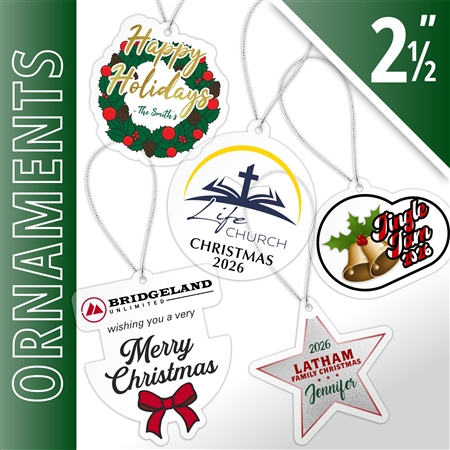 Custom printed clear acrylic Christmas ornament with full-color personalized artwork and silver hanging string