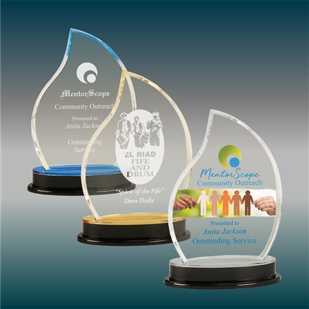 Flame Acrylic Award Trophy with Colored Base â€“ Custom Engraved or Full-Color Printed Recognition Award